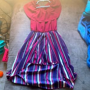 Maroon and white and blue  stripe shorts suit with long skirt back
